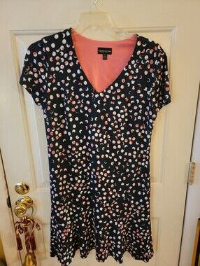 Connected Apparel Navy V‑Neck Dot Swing Dress with Pink Accents